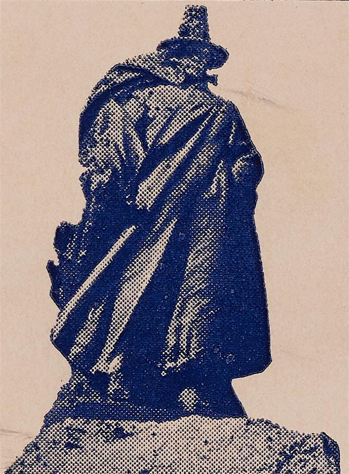 A stylized, halftone image of a figure in a long coat and wide-brimmed hat stands atop a rocky surface, facing away from the viewer. The figure and rock are rendered in blue on a beige background.