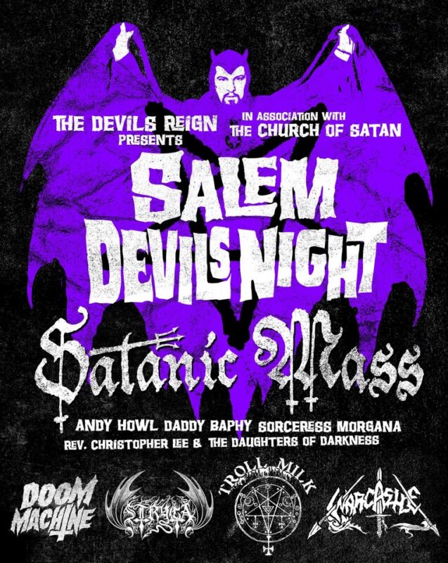 A concert poster with a purple and black background features a bat illustration and gothic fonts. Text promotes “Salem Devils Night” and a “Satanic Mass,” with occult-themed imagery and bands, perfectly capturing Salem’s dark allure.