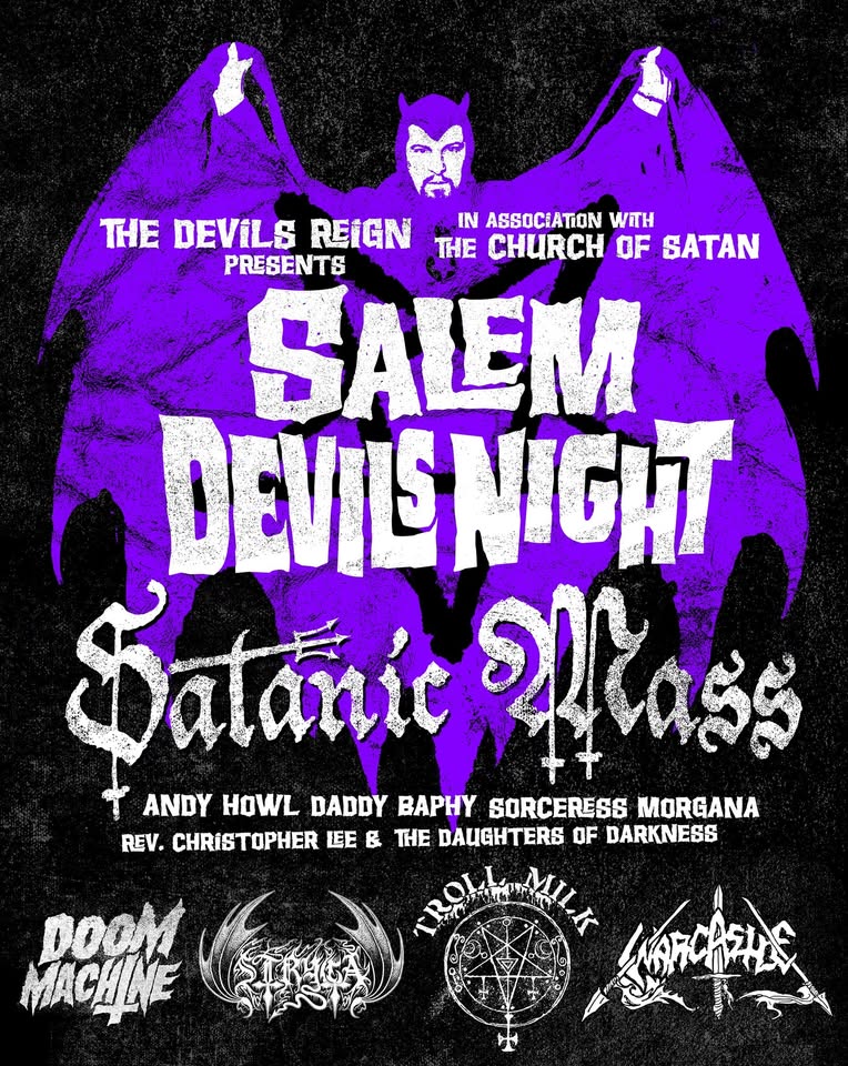 A concert poster with a purple and black background features a bat illustration and gothic fonts. Text promotes “Salem Devils Night” and a “Satanic Mass,” with occult-themed imagery and bands, perfectly capturing Salem’s dark allure.