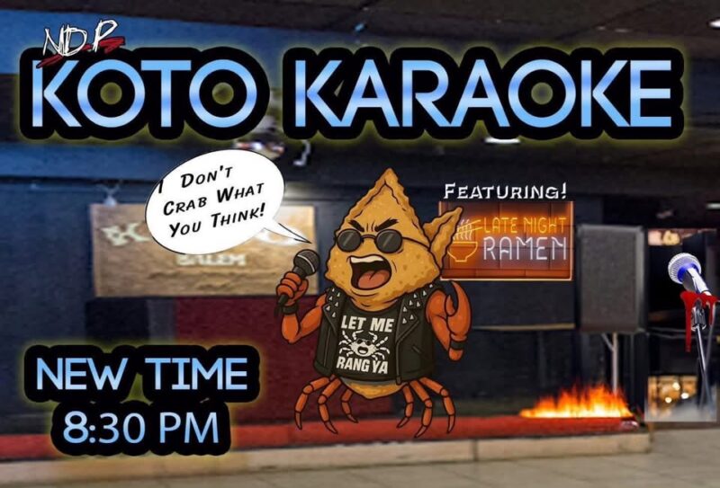 A cartoon crab wearing sunglasses hosts “Koto Karaoke” on stage, saying, “Don’t crab what you think!” Announcing “Late Night Ramen” and the new 8:30 PM time, plus a mic—join our Framing Workshop for extra fun!.