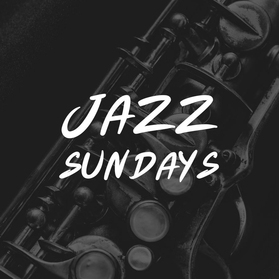 A close-up of a clarinet in black and white with the words “JAZZ SUNDAYS” in bold, white lettering over the image.