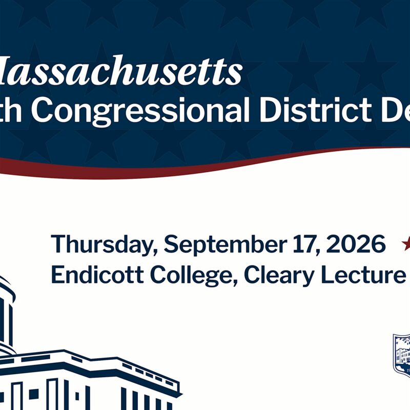 A graphic shows “Massachusetts 6th Congressional District Debate,” with event details: Thursday, September 17, 2026, at Endicott College, Cleary Lecture, alongside a simple building illustration and a blue star-patterned background.