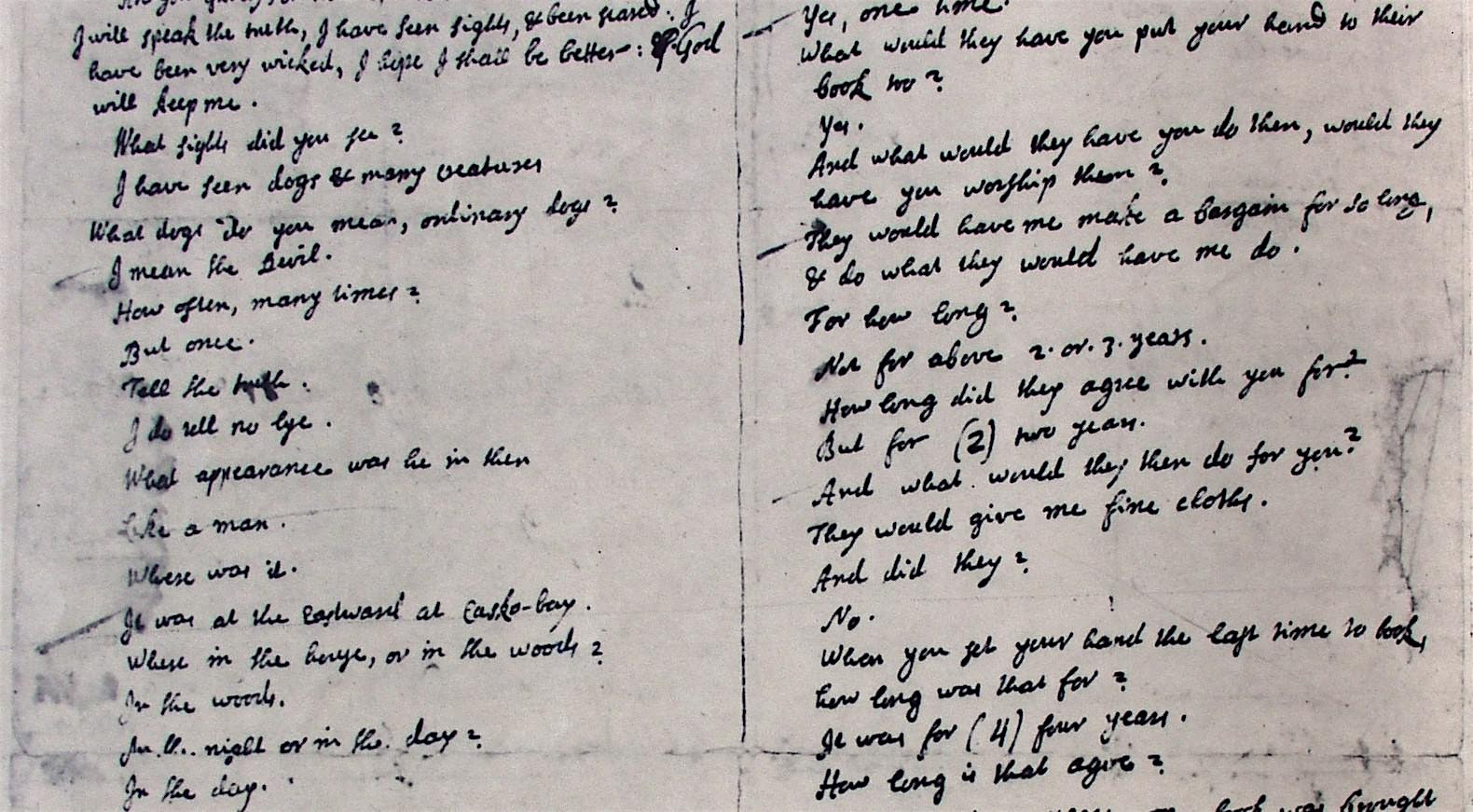 A handwritten page displays two columns of text in cursive. The left column appears faded in some areas. Both columns contain questions and answers, with some text crossed out. There are no images or illustrations on the page.