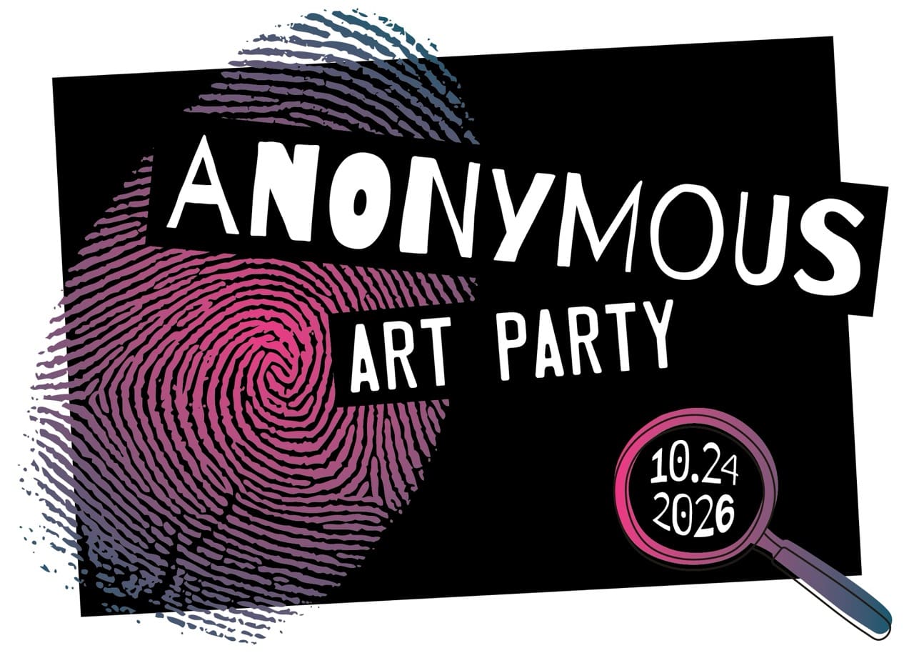 A stylized poster for “Anonymous Art Party” features a large fingerprint background, bold text, and a magnifying glass highlighting the date 10.24.2026.