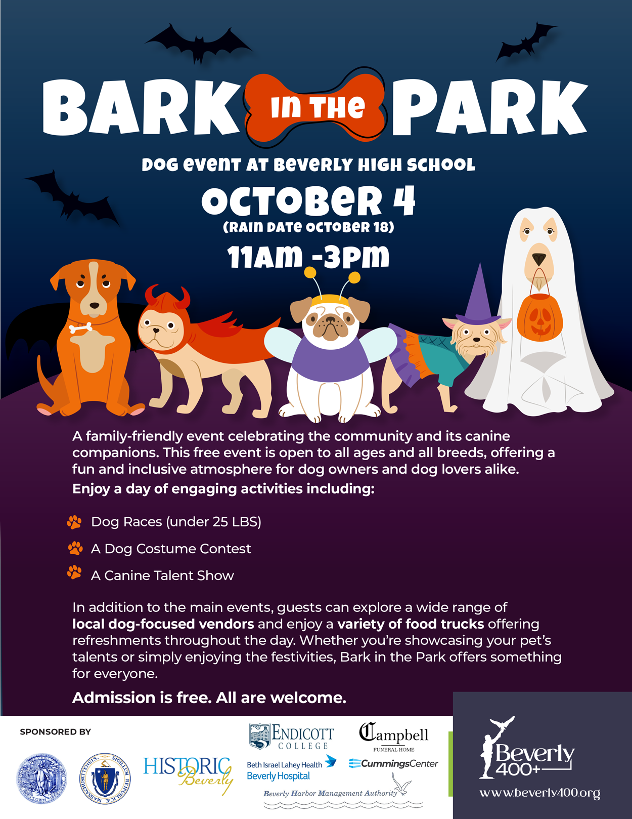A colorful flyer for “Bark in the Park,” a dog event at Beverly High School on October 4, 11 AM–3 PM, featuring dog races, a costume contest, a talent show, and activities for attendees. The image includes cartoon dogs and event details.