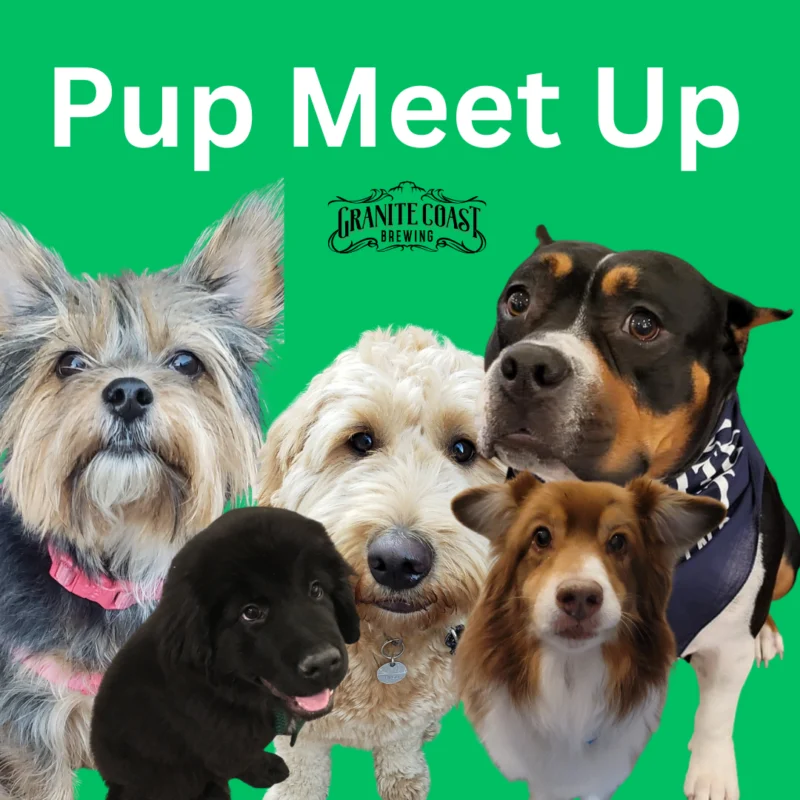Five dogs of different breeds are shown against a green background with white text reading “Pup Meet Up” and the Granite Coast Brewing logo above them.