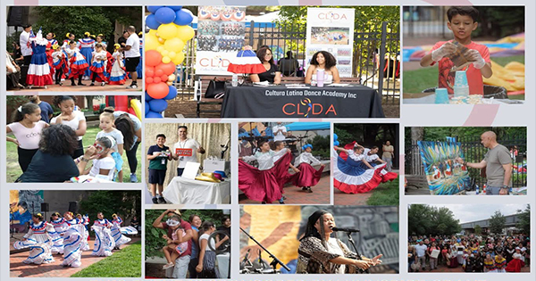 A collage of photos shows people dancing in traditional attire, children doing crafts, a group at an outdoor booth, and crowds attending a cultural event hosted by Cultura Latina Dance Academy Inc. Balloon decorations and colorful costumes are visible.