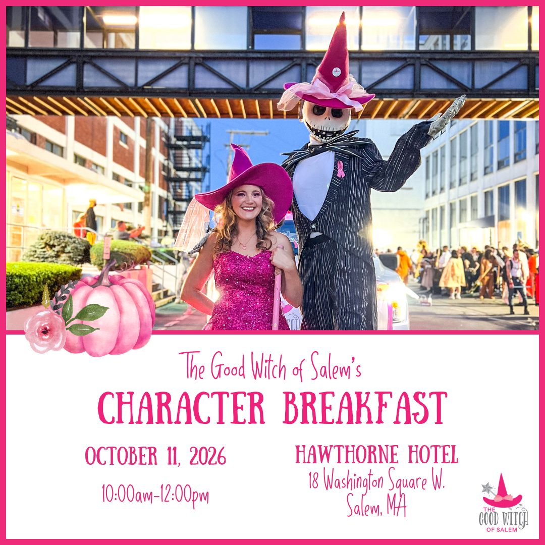 Two people in pink costumes, one in a witch dress and hat, the other in a pumpkin-headed suit, stand outside the Hawthorne Hotel in Salem, MA. Event details for a character breakfast are displayed below them with a pink pumpkin and flower graphic.