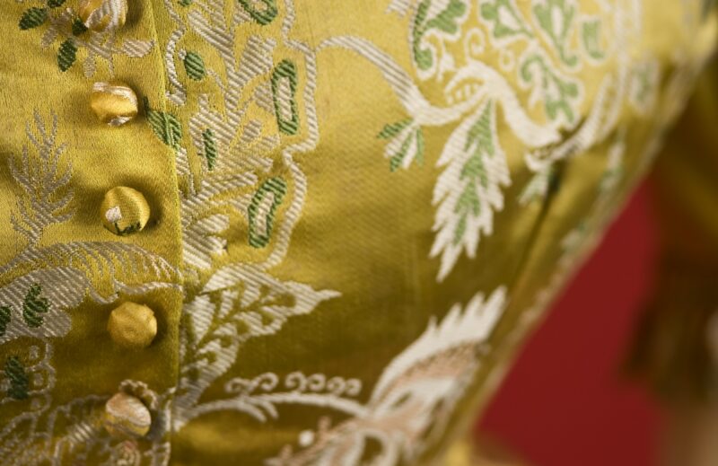 Close-up of yellow fabric with embroidered green and white floral designs and decorative buttons. The material appears to be part of a garment, possibly a bodice or jacket. The background is blurred and red.