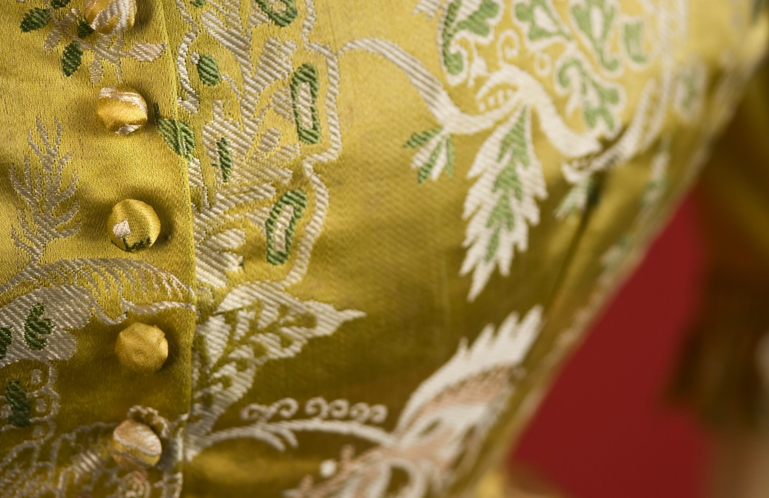 Close-up of yellow fabric with embroidered green and white floral designs and decorative buttons. The material appears to be part of a garment, possibly a bodice or jacket. The background is blurred and red.