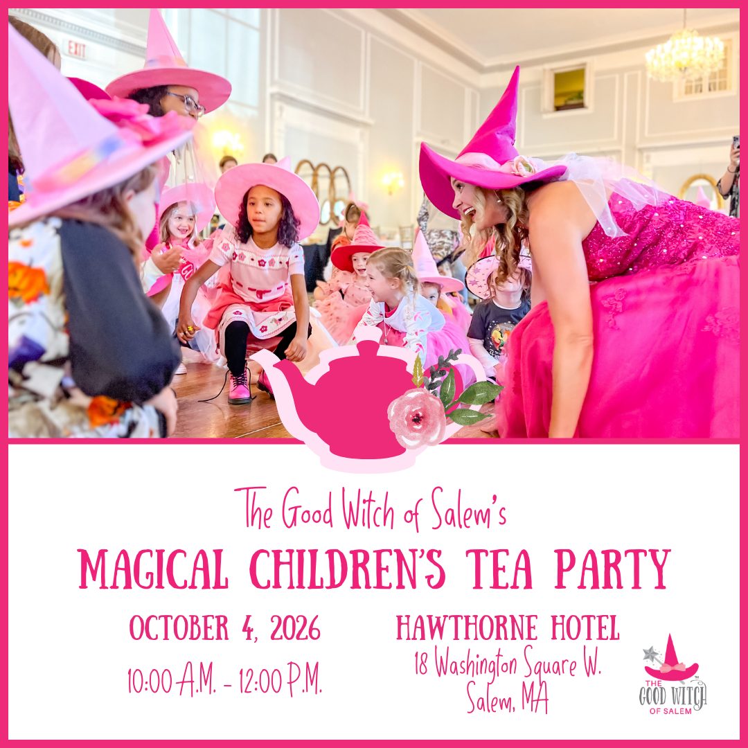 A group of children and adults in pink witch costumes gather in a decorated room. An adult in a bright pink hat interacts with children. Text details a “Magical Children’s Tea Party” event on October 4, 2026, at Hawthorne Hotel in Salem, MA.