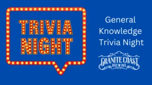 A marquee sign glows “Trivia Night.” On the right: “General Knowledge Trivia Night,” “Granite Coast Brewing” logo, and a nod to CCE Nightlife. Blue background sets the scene for Essex County’s favorite evening out.