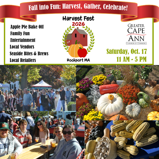 Rockport Harvest Fest 2026 flyer features event details, festive banners, and a group enjoying a community festival outdoors. Highlights include fall produce displays with pumpkins, listed activities, vendors, sponsors, plus date and time.