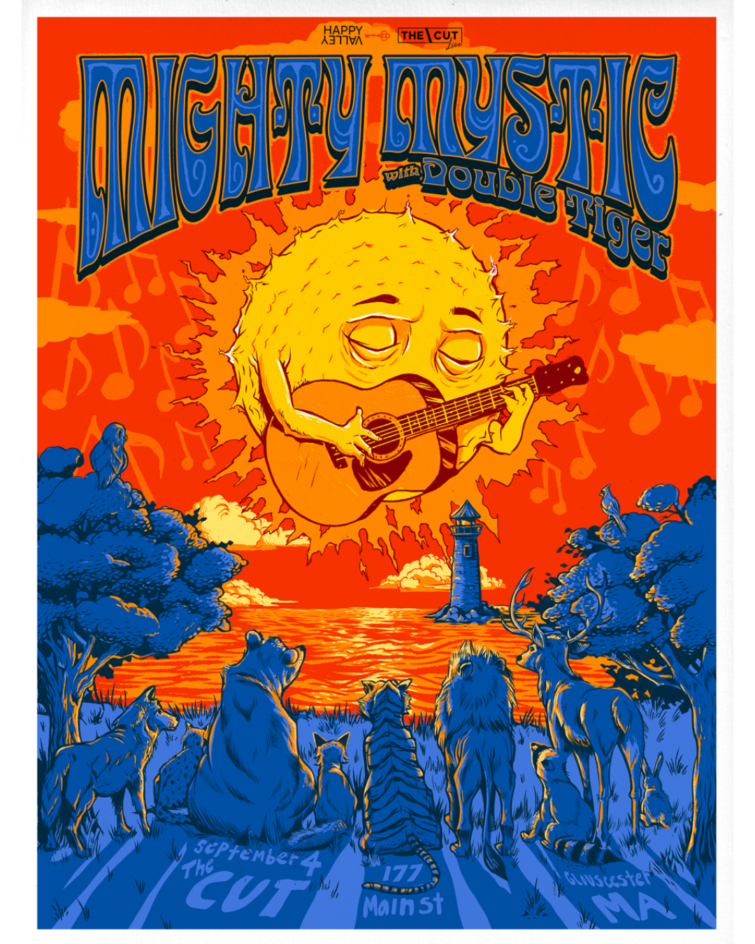 Poster for a Mighty Mystic concert shows a large sun with a face playing a guitar above a lighthouse, with animals watching from the grass. Event info at the bottom reads: “September 4, The Cut, 177 Main St, Western MA,” and “with Double Tiger.”.