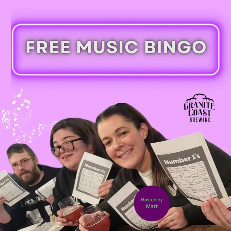 Three people hold bingo cards and drinks, smiling at the camera. A purple background displays “Free Music Bingo” in a neon sign style. Music notes, the Granite Coast Brewing logo, and a “Hosted by Matt” label are also present.