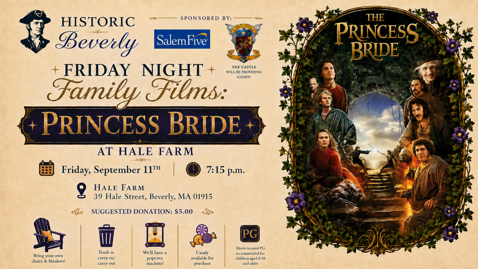 Event flyer for a screening of “The Princess Bride” at Hale Farm, Beverly, MA, on September 11th, showing movie details, sponsor logos, suggested donation info, and a poster image of the film featuring main characters in an ornate frame.