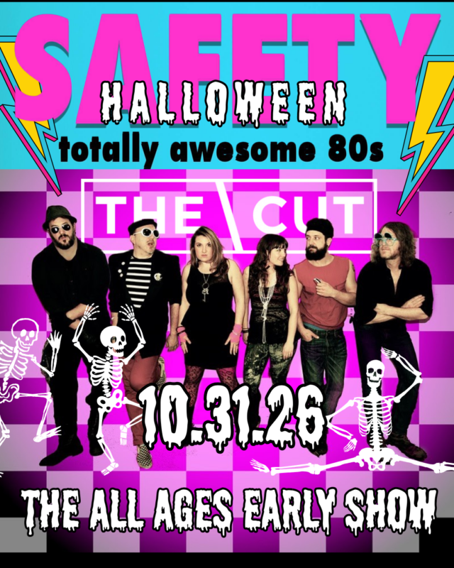 A band of six adults in 80s-style clothes stands in front of a purple checkered background. Skeleton graphics, lightning bolts, and bold text advertise a Halloween all-ages show on 10.31.26 with an 80s theme.
