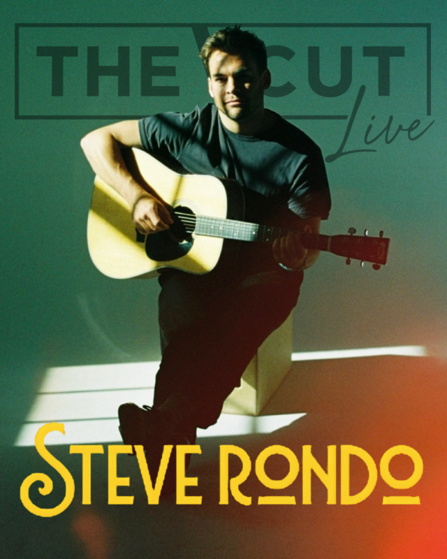 A person sits on a box playing an acoustic guitar. The words “THE CUT Live” appear in the background, while “STEVE RONDO” is written in large yellow letters at the bottom of the image.