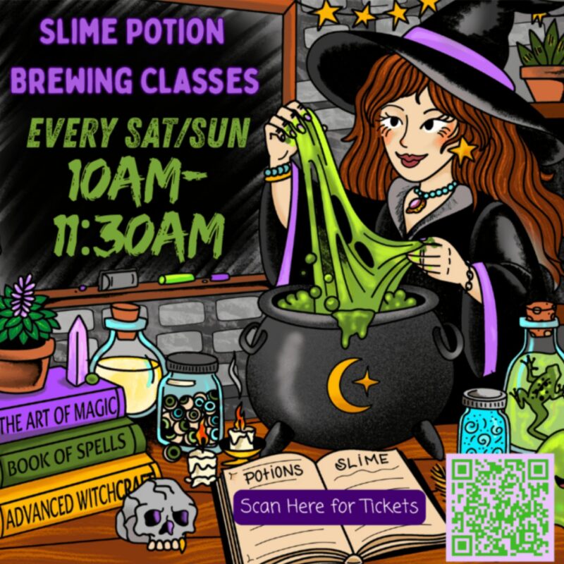A witch with long brown hair brews green slime in a cauldron. Shelves hold potions, books, plants, and a skull. A flyer reads “Slime Potion Brewing Classes, Every Sat/Sun 10AM-11:30AM.” A QR code sits near open books labeled “Potions” and “Slime.”.