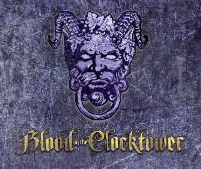 A purple, horned face with a ring in its mouth is centered on a textured gray background. Below, “Blood on the Clocktower” stands out in ornate gold lettering, capturing the eerie essence of the Blood on the Clocktower game.