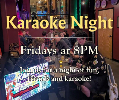 A group gathers at a long table in a dimly lit bar, enjoying food and conversation. A glowing karaoke sign stands out. Text reads: “Karaoke Night. Fridays at 8PM. Join us for singing, fun, friends and unforgettable karaoke!”.