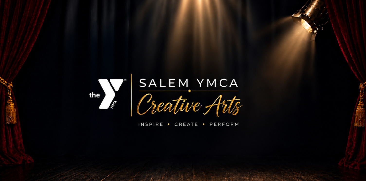 A spotlight shines on a stage with red curtains. The text reads: “The Y, Salem YMCA Creative Arts. Inspire • Create • Perform.” Teen ballet dance takes center stage, with the dark background highlighting the text and spotlight area.