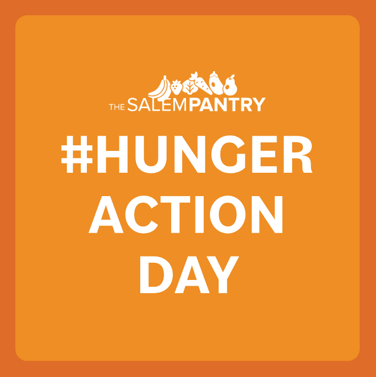 An orange square with rounded corners displays “The Salem Pantry” and “HUNGER ACTION DAY” in bold white text, highlighting hunger awareness and food insecurity. Simple food icons appear above the organization’s name, promoting crucial hunger relief efforts.