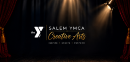 A dark theater stage with red curtains open at the sides, a spotlight shining from the top right. Text reads: “the Y Salem YMCA Creative Arts. Teen Ballet • Inspire • Create • Perform.”.