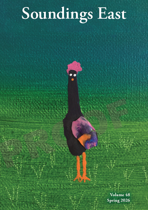 A magazine cover titled “Soundings East” features a stylized painting of a bird with a pink crest on green textured grass. Text at the bottom right reads “Volume 48 Spring 2026.”.