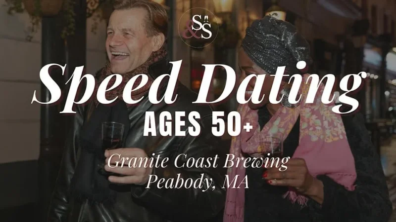 Two people smile and talk at an indoor event. White text over the image reads: “Speed Dating Ages 50+ Granite Coast Brewing Peabody, MA.” One person holds a drink; both wear winter clothing and scarves.