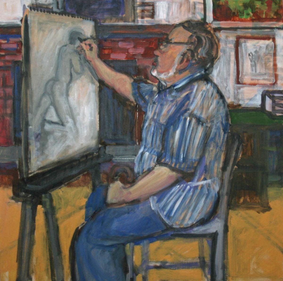 A man with glasses and a beard, wearing a striped shirt and blue pants, sits on a chair and sketches a human figure on a large easel in a colorful, indoors setting. The background includes shelves, books, and framed pictures.