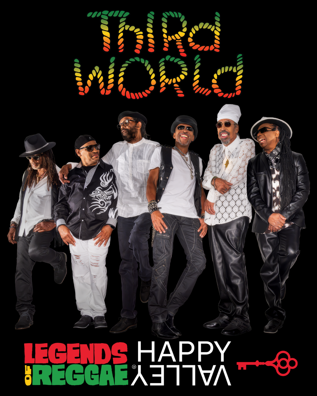 Six men stand together dressed in distinctive stage outfits. Above them is colorful text reading “Third World.” Below them, text reads “Legends of Reggae” and “Happy Valley.” The background is black, making the group and text stand out clearly.