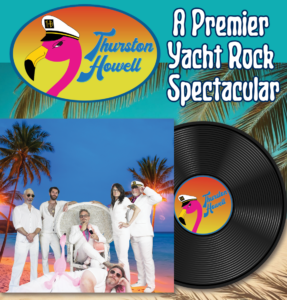 An album cover shows Essex County’s Sevenings in white outfits posing on a beach with palm trees, a flamingo float, and a vinyl record. The background features the CCE Nightlife logo and “A Premier Yacht Rock Spectacular” below a flamingo in a captain’s hat.