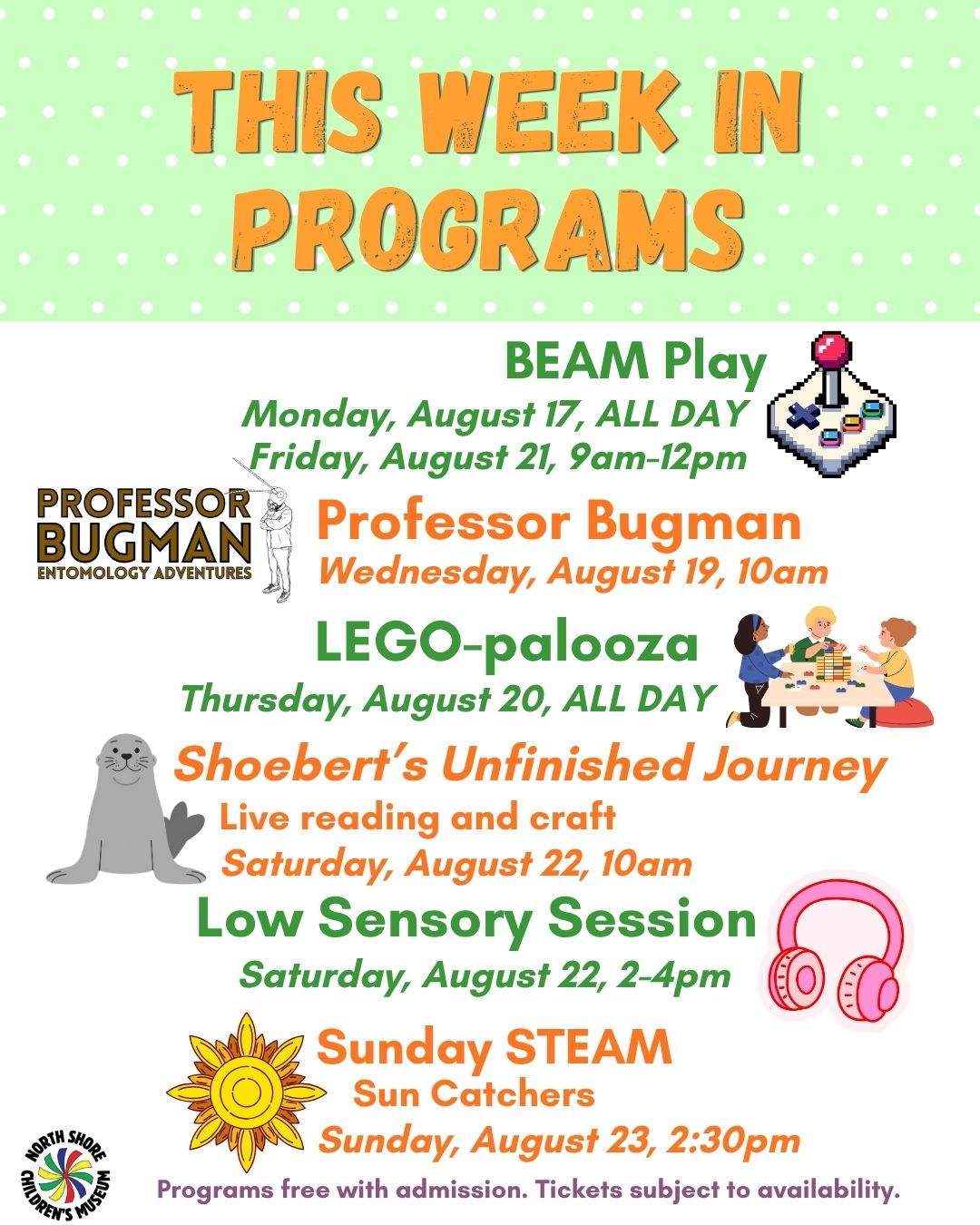 Colorful flyer highlights upcoming programs for kids! See BEAM Play, Professor Bugman, LEGO-palooza, and more. Includes week schedule with dates like August 17 2026, plus fun images of toys, bugs, headphones, a rainbow LEGO scene and a sun.
