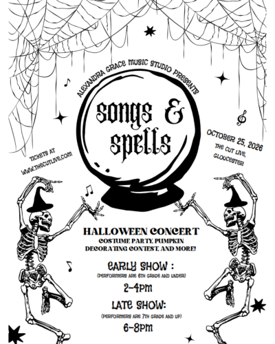 Black and white Halloween concert flyer with a crystal ball, two skeletons in witch hats dancing, and flying bats. Event details and times are listed, including a costume party, pumpkin contest, and concert, hosted by Alexandra Grace Music Studio.
