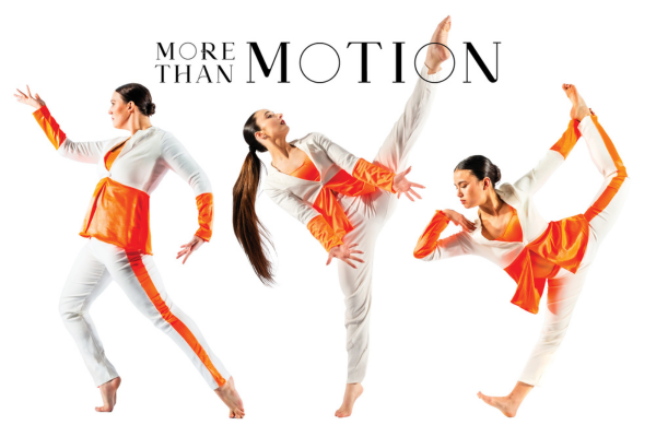 Three dancers in matching white and orange costumes perform dynamic poses against a white background. Black text above them reads “More Than Motion.”.