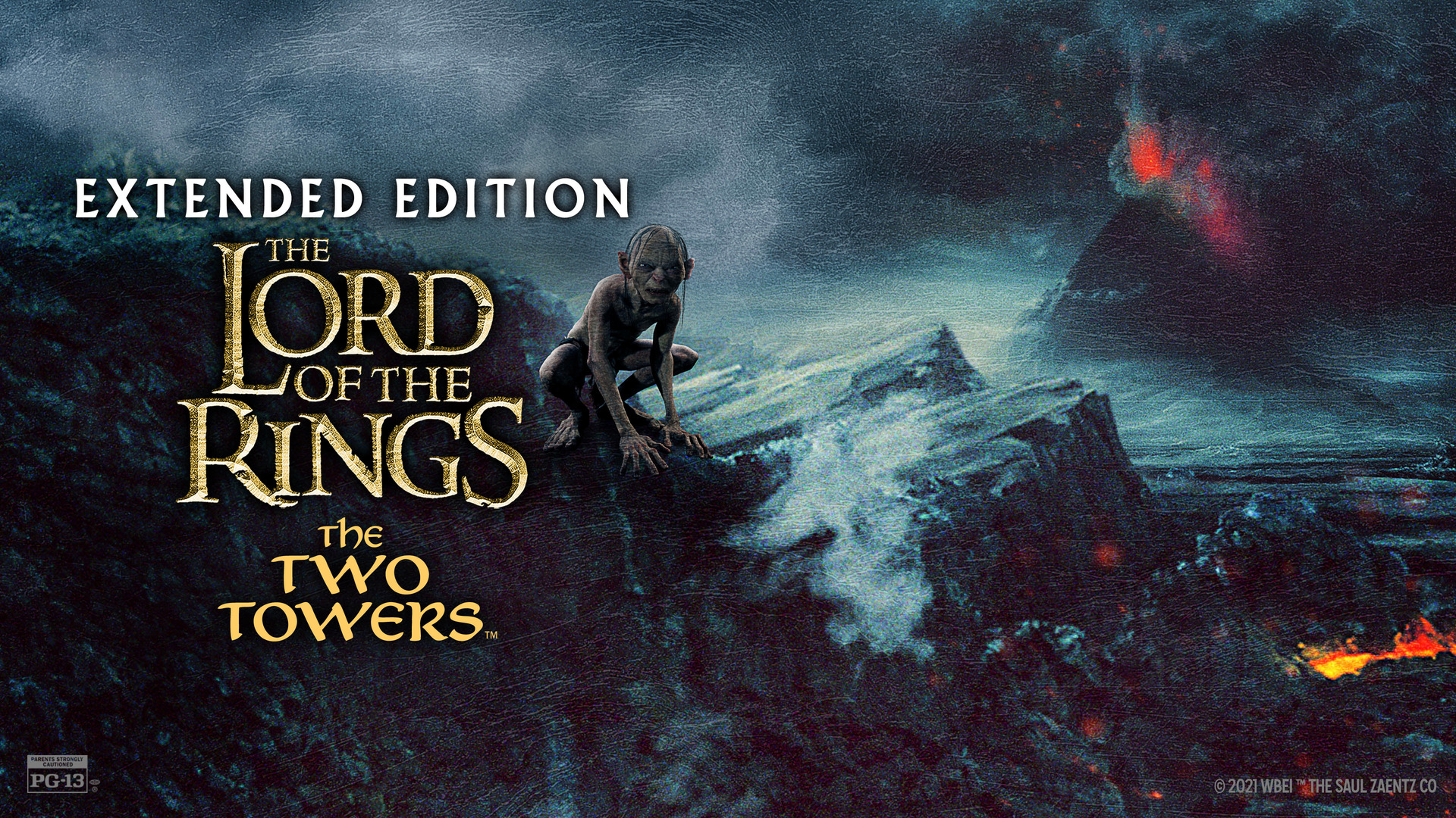 A promotional image for “The Lord of the Rings: The Two Towers Extended Edition” shows Gollum crouching on rocky terrain under a dark, stormy sky with fire in the distance. Movie title text is prominent at left.