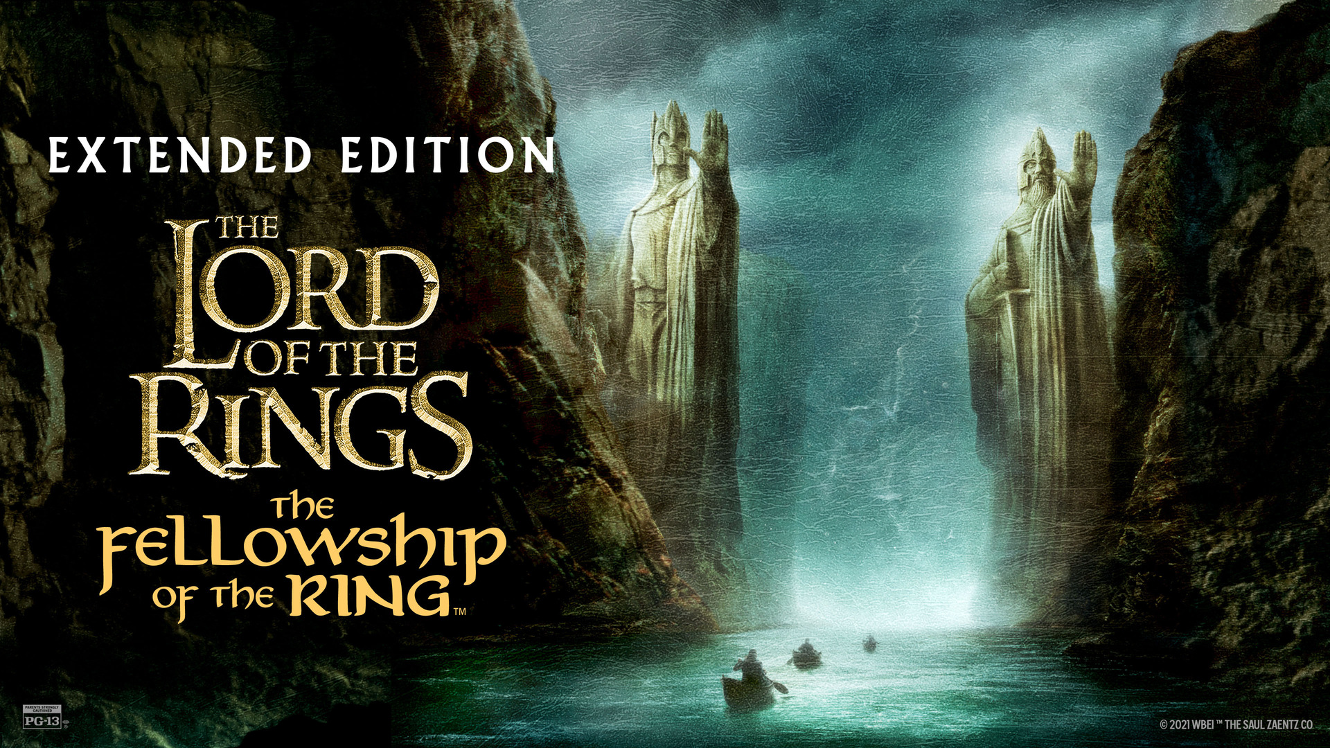 Three boats glide down a misty river past towering stone statues as “EXTENDED EDITION, THE LORD OF THE RINGS: THE FELLOWSHIP OF THE RING” appears—an epic scene fit for a Sevenings gathering or CCE Nightlife event in Essex County.