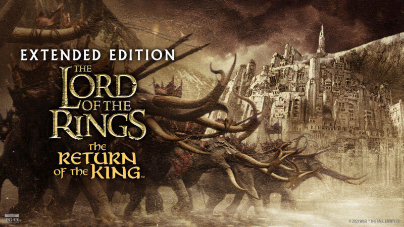 A battle scene shows armored war elephants charging toward a large, stone city on a hill. The text reads: “Extended Edition. The Lord of the Rings: The Return of the King.” The image has a sepia tone and a fantasy theme.