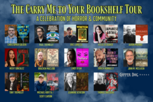 A promotional graphic for “The Carry Me To Your Bookshelf Tour” features Essex County and CCE Nightlife as sponsors, with headshots and book covers of fifteen horror authors, their names, book titles, event title, and sponsor logo on a blue background.