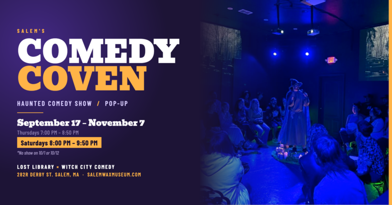 Promotional image for Salem’s Comedy Coven haunted comedy show, with event info on the left and a photo on the right showing an audience watching a performer on stage in a dimly lit, purple-blue room.