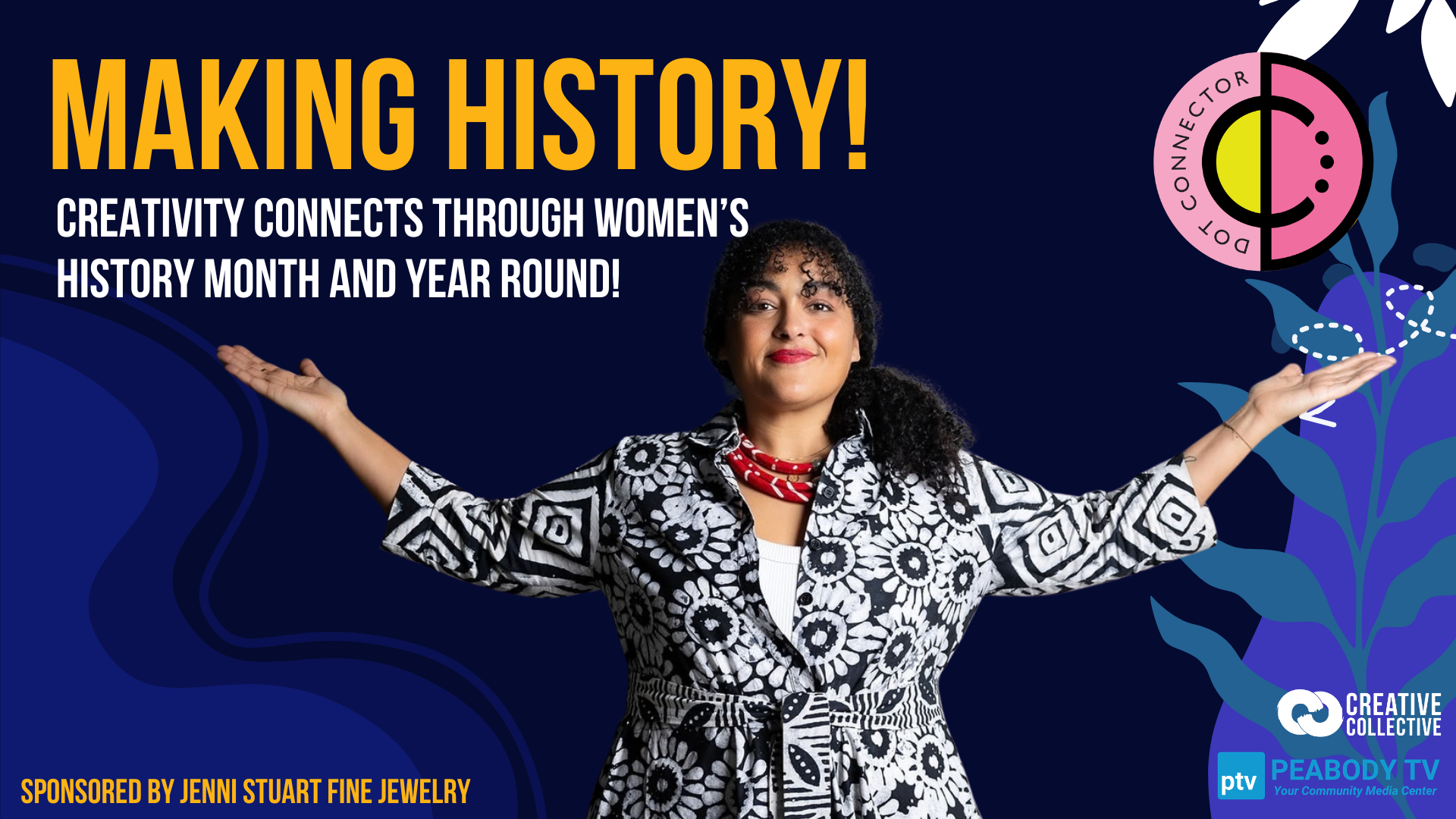 Mikki Wilson stands with her arms open beside Creativity Connects series artwork celebrating women’s stories.
