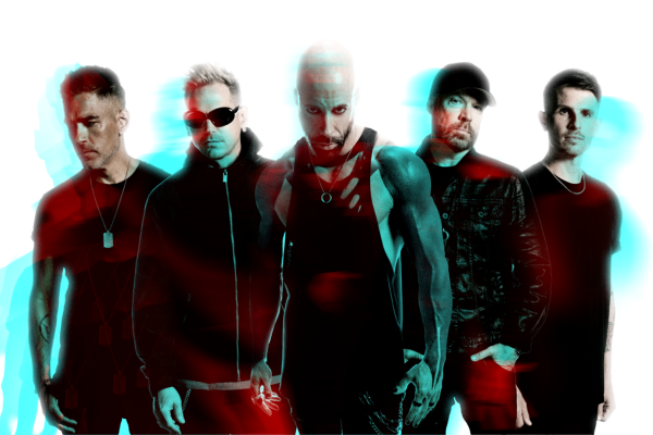 Five men stand in a row against a white background with red and blue light effects over the image. The central person wears a sleeveless top, and one person wears sunglasses. The group’s expressions are serious, and their attire is dark.