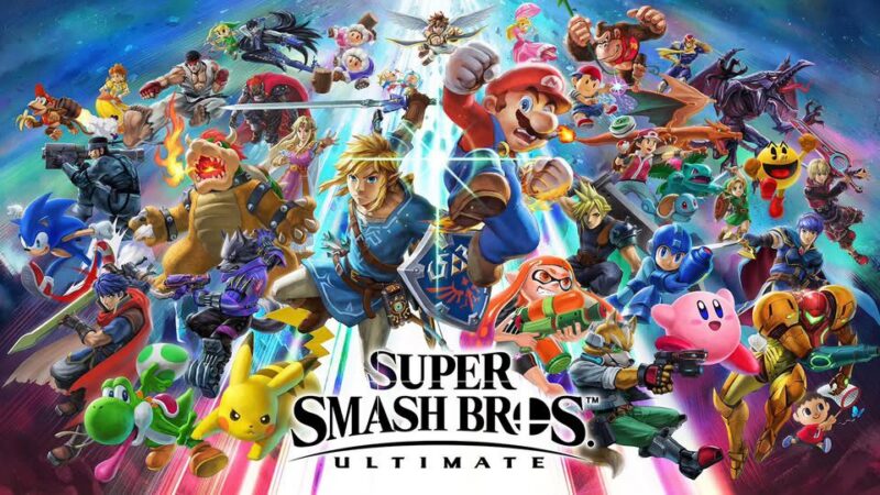 A group of characters from various Nintendo and video game franchises pose in action stances with the “Super Smash Bros. Ultimate” logo at the bottom center. The background features colorful streaks and dynamic lighting.