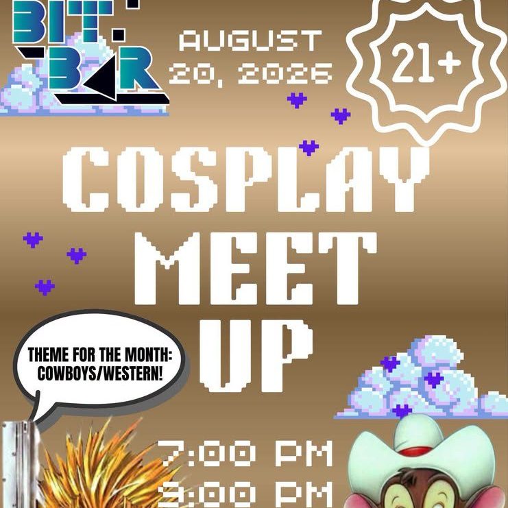 Event poster with “Cosplay Meet Up” in bold text, date August 20, 2025, and time 7:00 PM to 9:00 PM. The theme is Cowboys/Western and the event is for ages 21 and over. Bar logo, stars, clouds, and a cartoon character in a cowboy hat are shown.