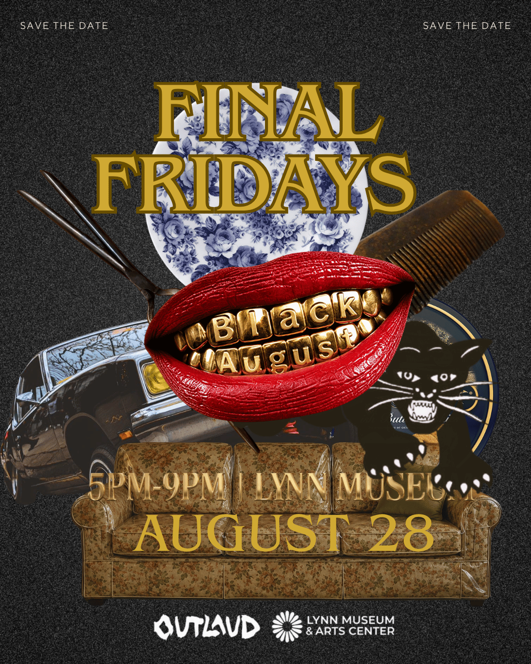 Final Fridays: Black August event poster with a 1990s-inspired living room collage; August 28, 5–9 PM at Lynn Museum.