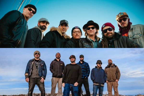Two groups of seven men each are standing outdoors in separate photos, both under blue skies. They wear casual clothing, including hats, sunglasses, and jackets. Both groups face the camera, standing close together. The settings appear cold based on their clothing.