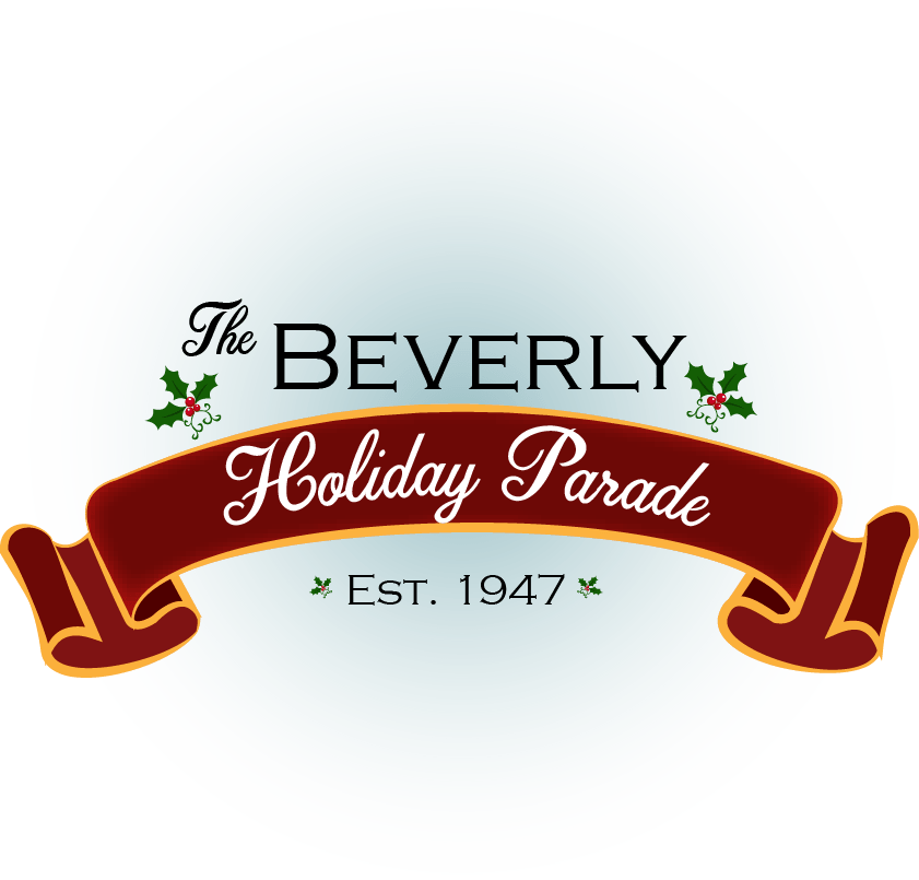 Logo for The Beverly Holiday Parade. “The Beverly” is written above a red ribbon with “Holiday Parade” in script. Below, it reads “Est. 1947.” Holly leaves decorate the design.