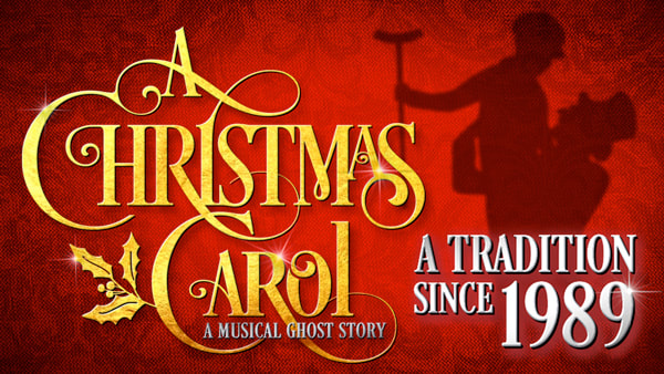 Promotional graphic for the musical A Christmas Carol: A Ghost Story, featuring the show title and the text “A tradition since 1989” over a red background with a silhouette of characters.