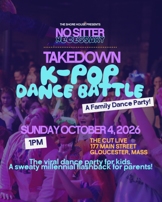 Colorful event poster for “Takedown K-Pop Dance Battle: A Family Dance Party” on October 4, 2026, at 1 PM, at The Cut Live, 177 Main Street, Gloucester, MA. Features energetic crowd, bold text, and event details over a purple-blue background.